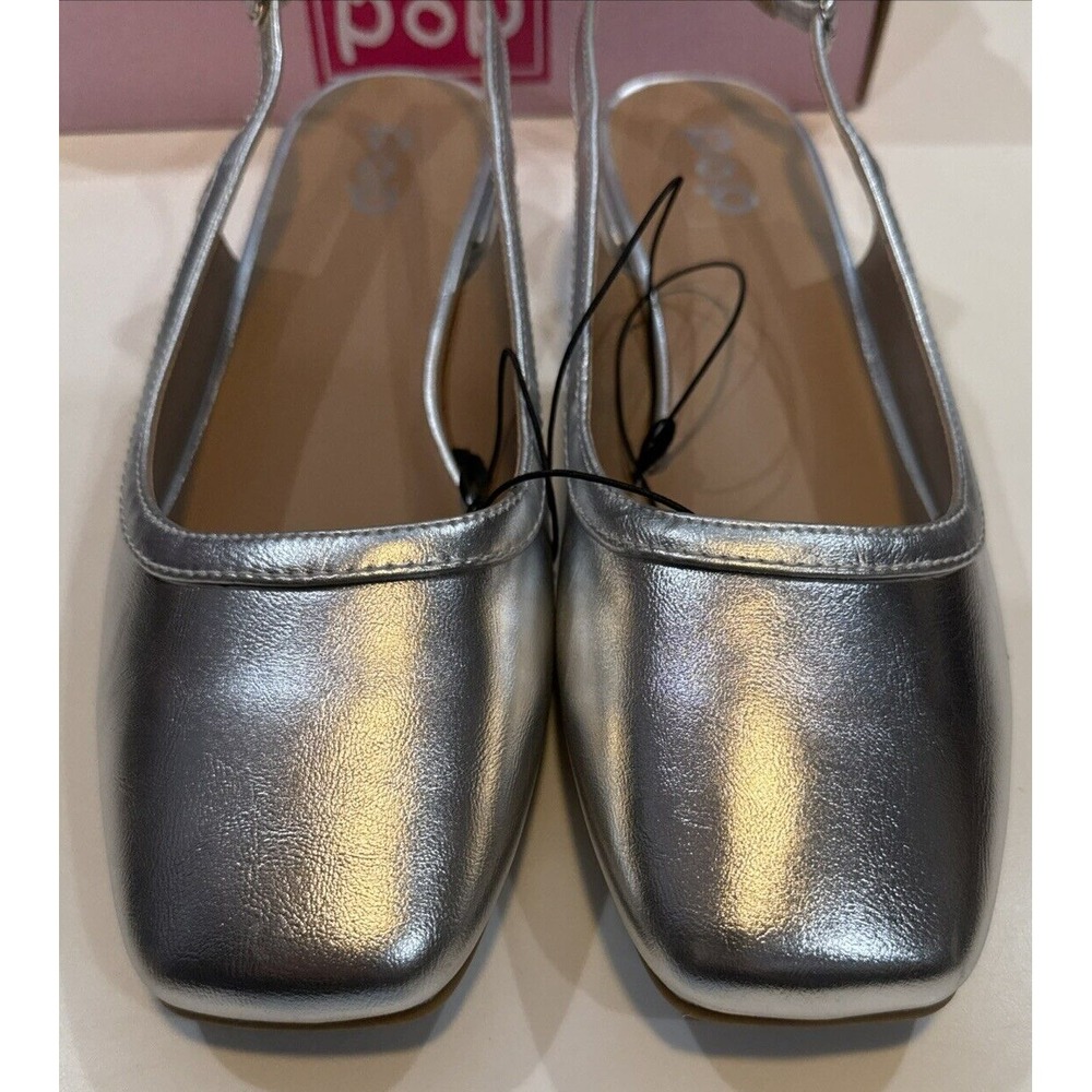 POP Tameo Slingback Sandals Womens 11 Silver New Low Block Heel Square Toe